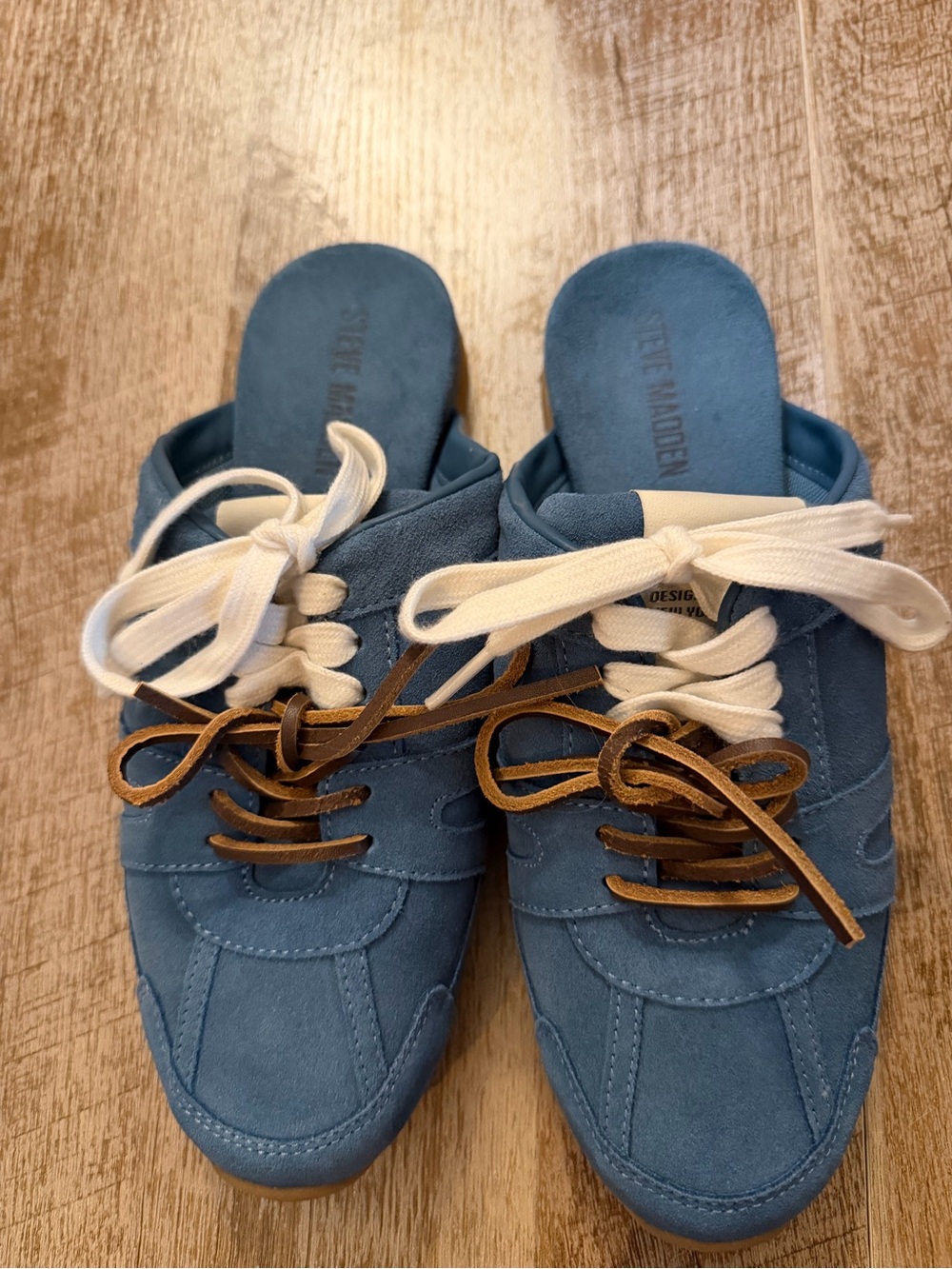 Steve Madden Blue Suede Lace-Up Mule with White & Brown Laces